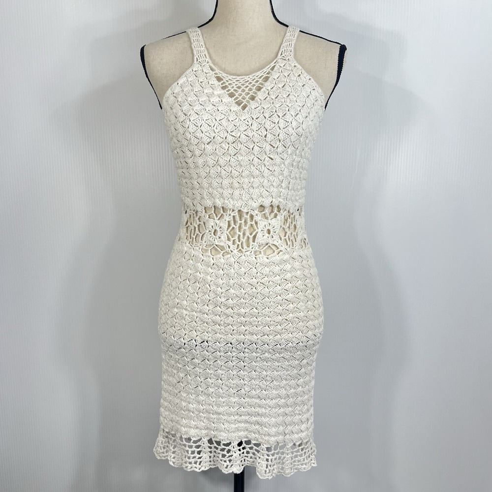 Crochet Open Knit Dress Est Sz S / M White Sheer Beach Festival Boho Cottagecore